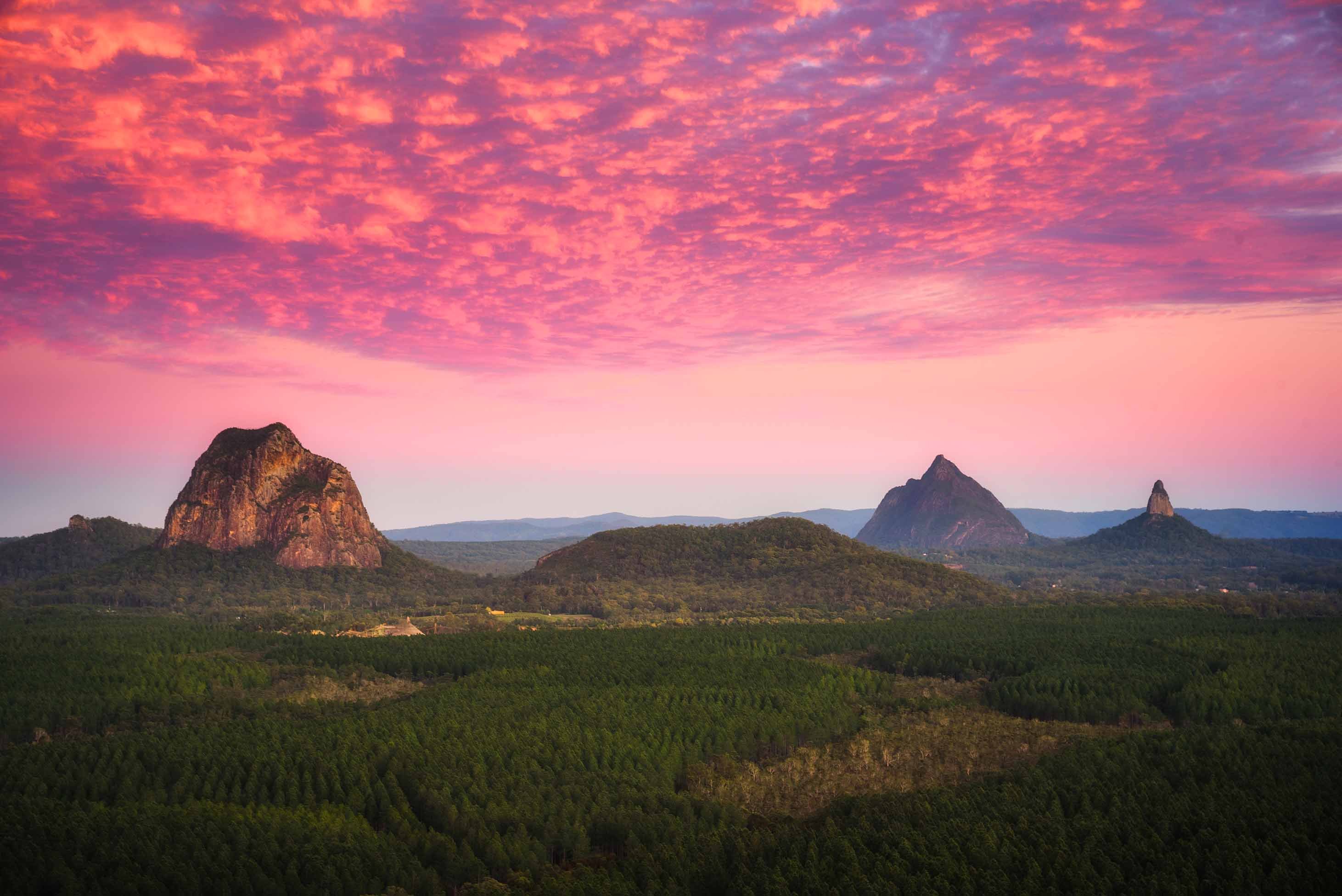 Sunrise over Glass House Mountains in Queensland