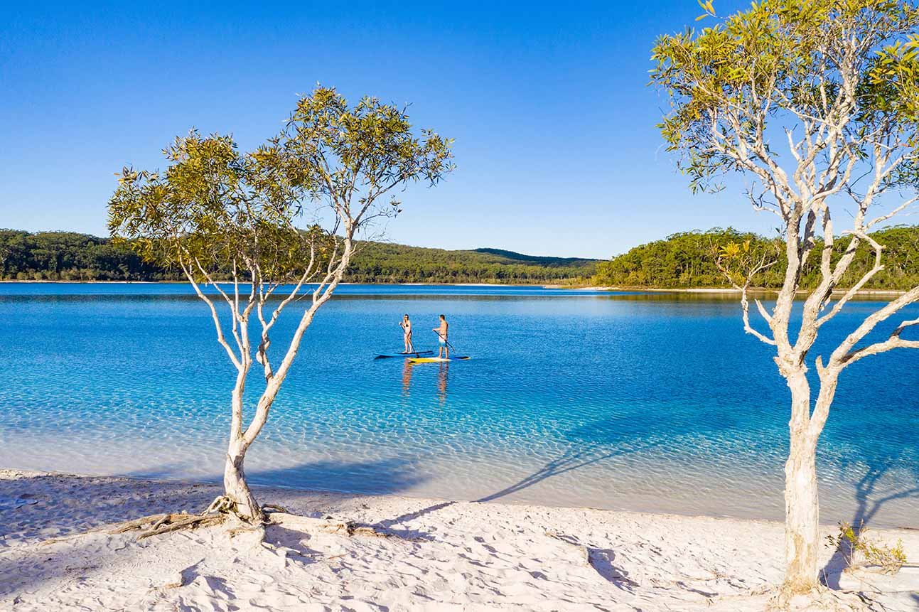 Couple stand up paddle boarding on Lake Mckenzie, K'gari (formerly Fraser Island)